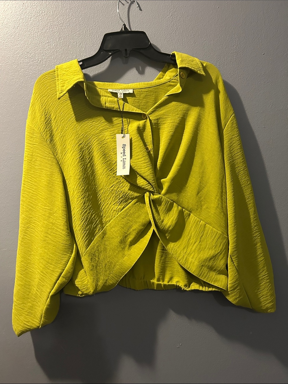 Pleated Knot-Front Button Down Shirt in Lime - Sweet Llama